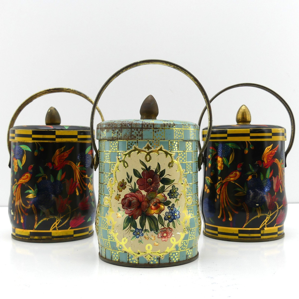 Lot of 3 Vintage Murray Allen Decorative Tin Canisters Floral USA Kitchen Decor